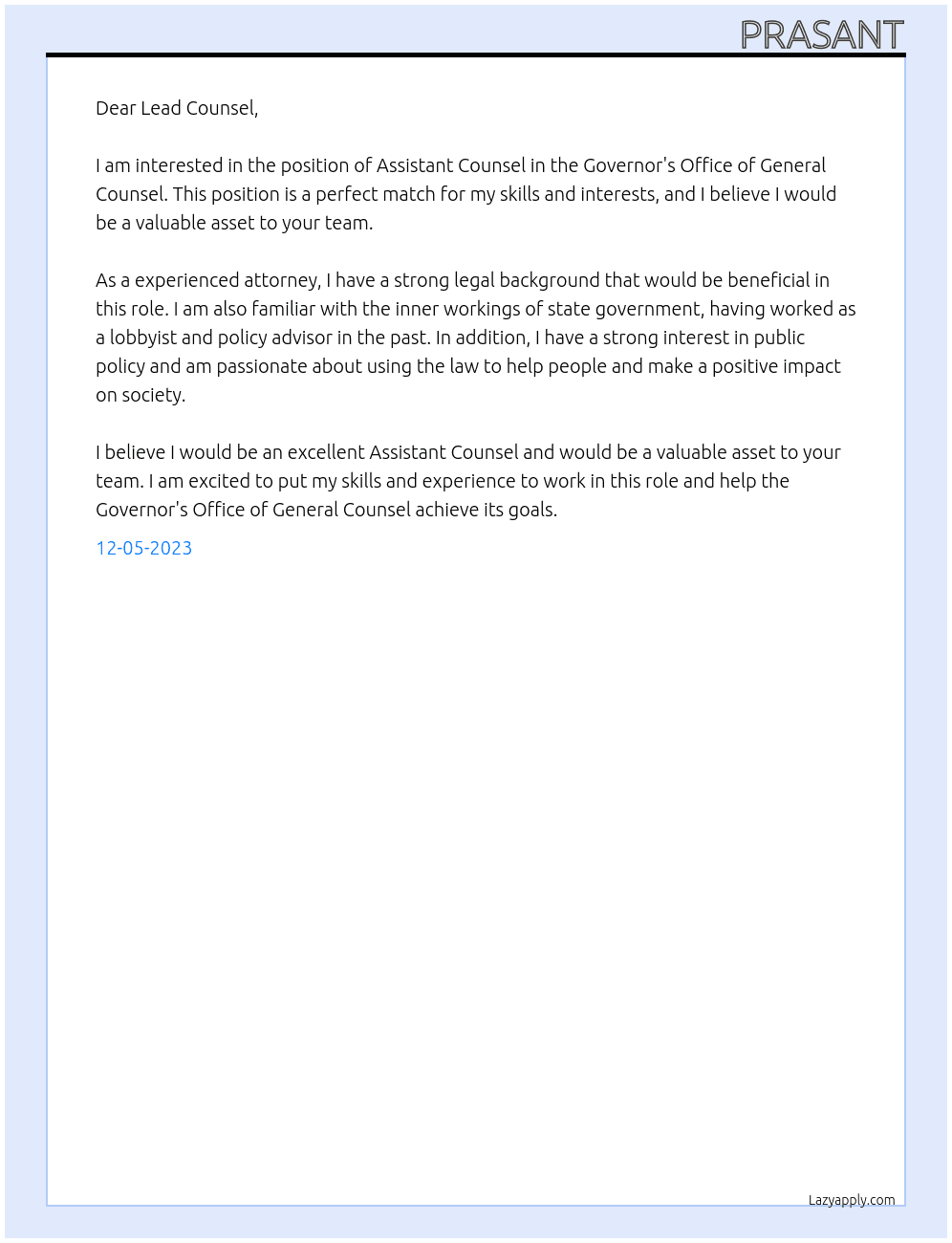 Assistant Counsel At Governor's Office of General Counsel Cover Letter