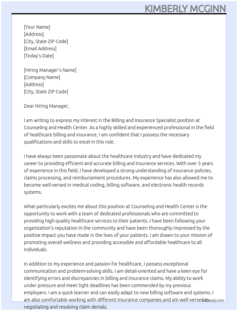 Billing and Insurance Specialist At Counseling and Health Center Cover Letter