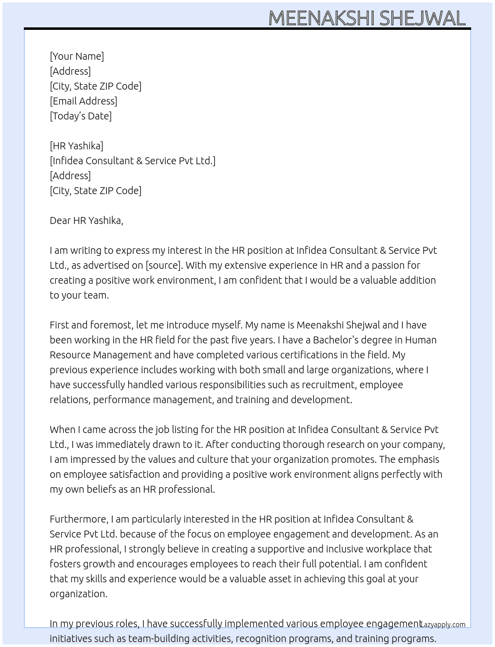 HR At Infidea Consultant & Service Pvt Ltd. Cover Letter