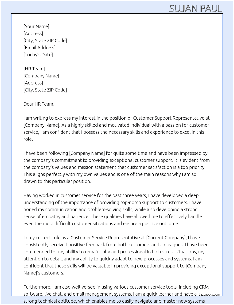 Customer Support Representative At Company Cover Letter