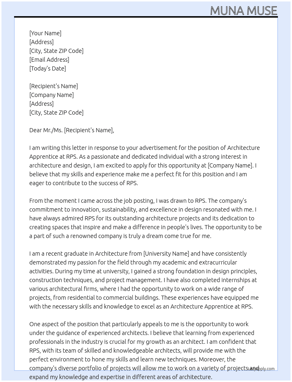 Architecture Apprentice At RPS Cover Letter