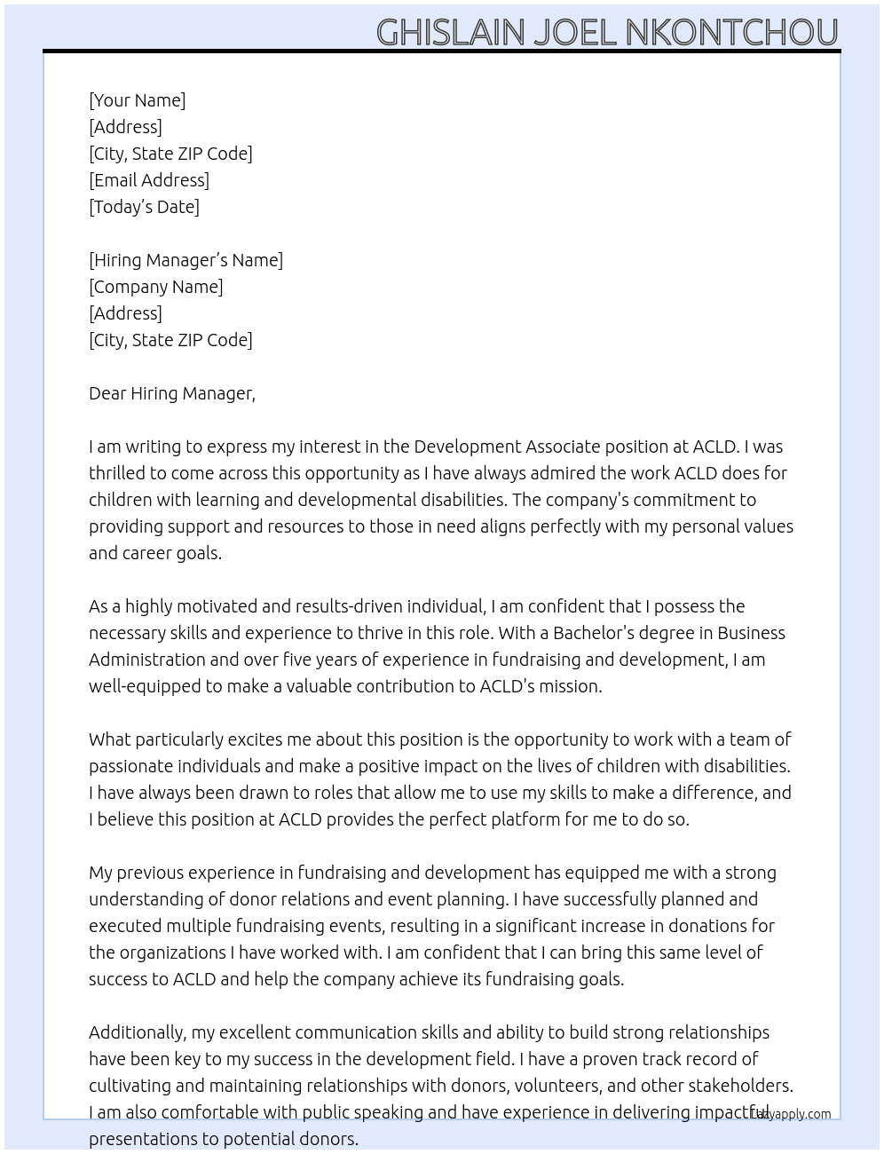 Development Associate At Children with Learning & Developmental Disabilities (ACLD) Cover Letter