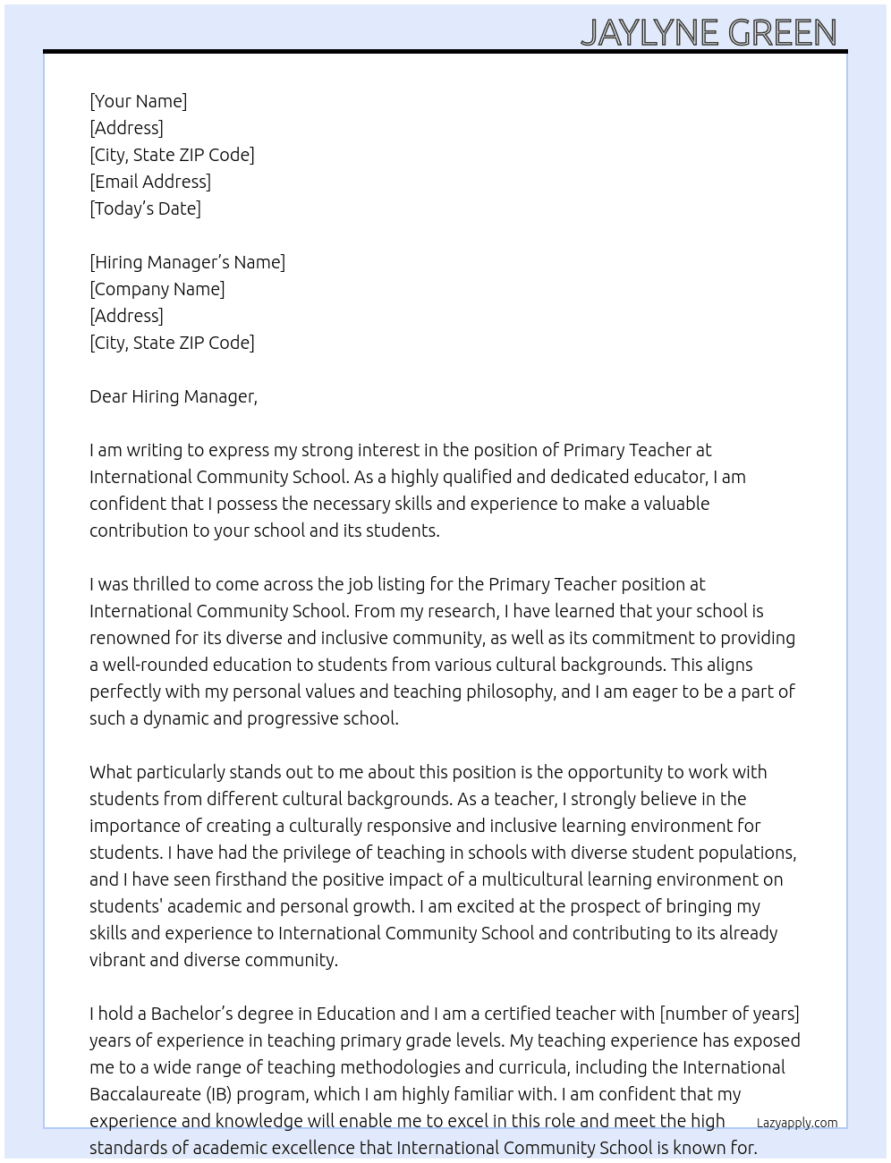 Primary Teacher  At International Community School Cover Letter