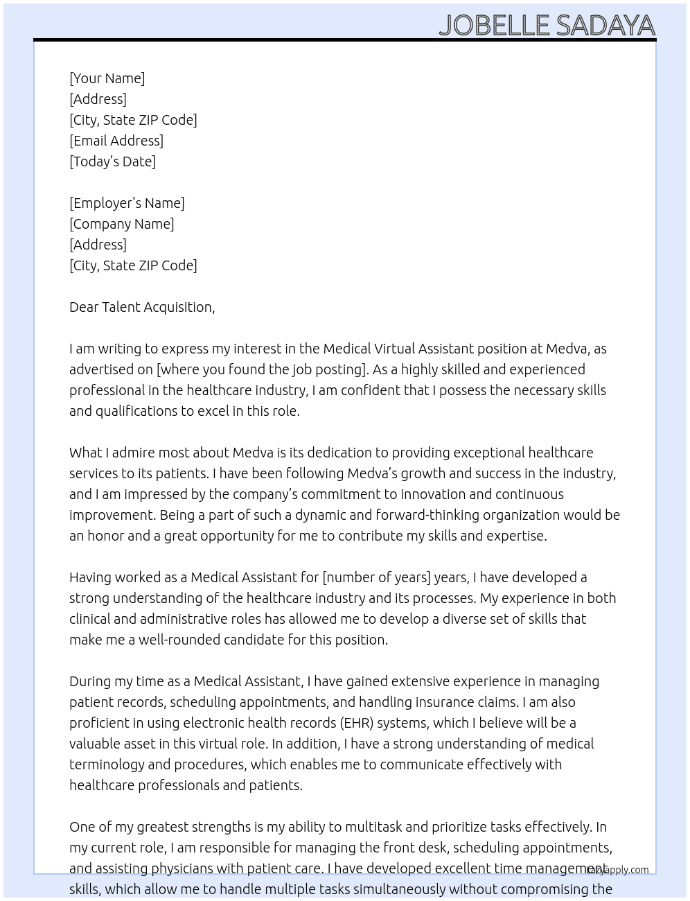 Medical  Virtual Assistant At Medva Cover Letter