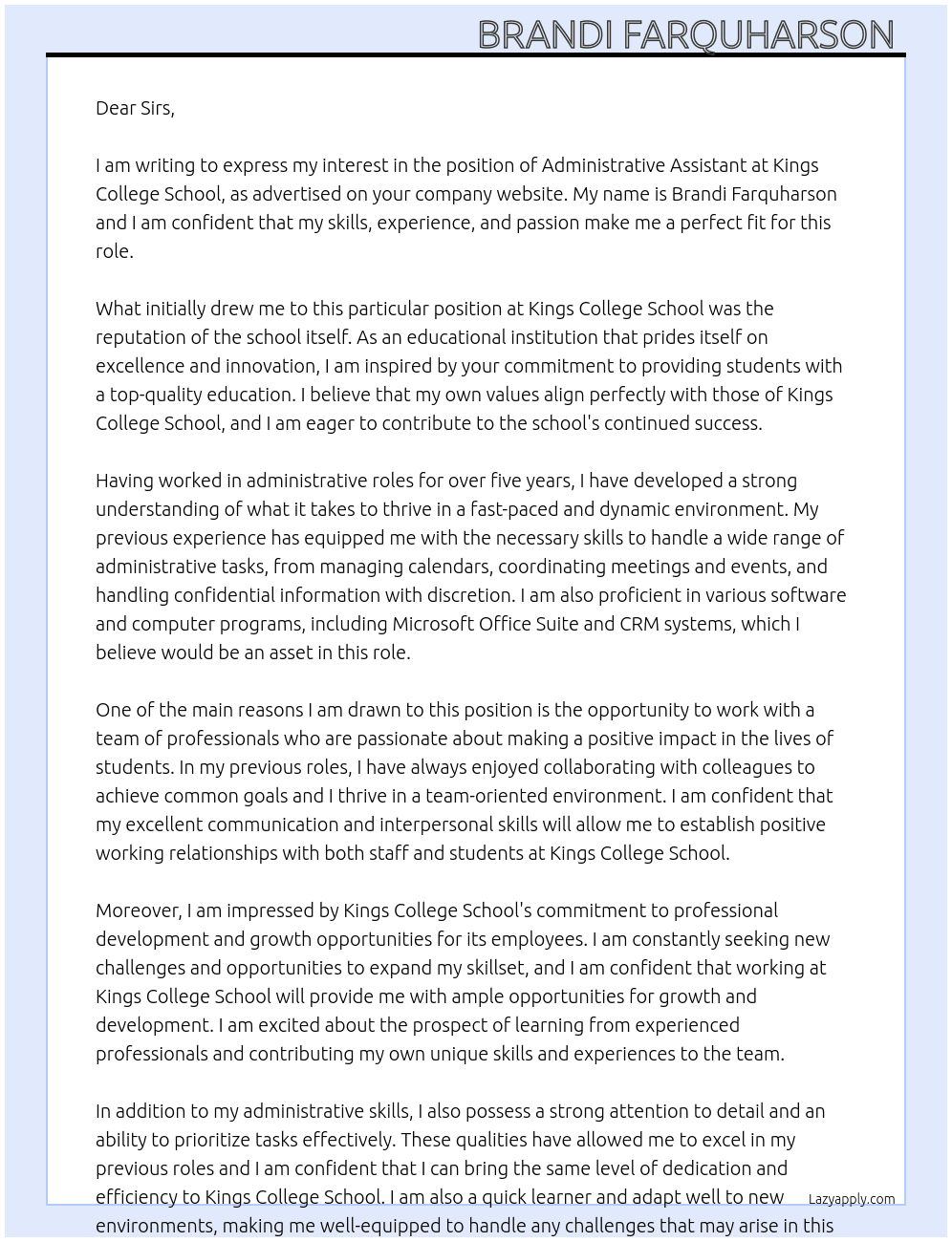Administrative Assistant  At Kings College School  Cover Letter