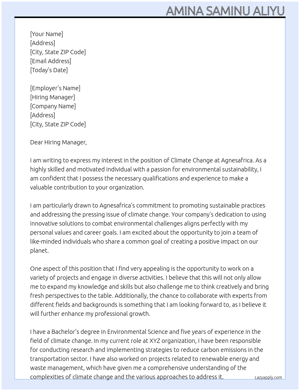 Climate change At Agnesafrica Cover Letter