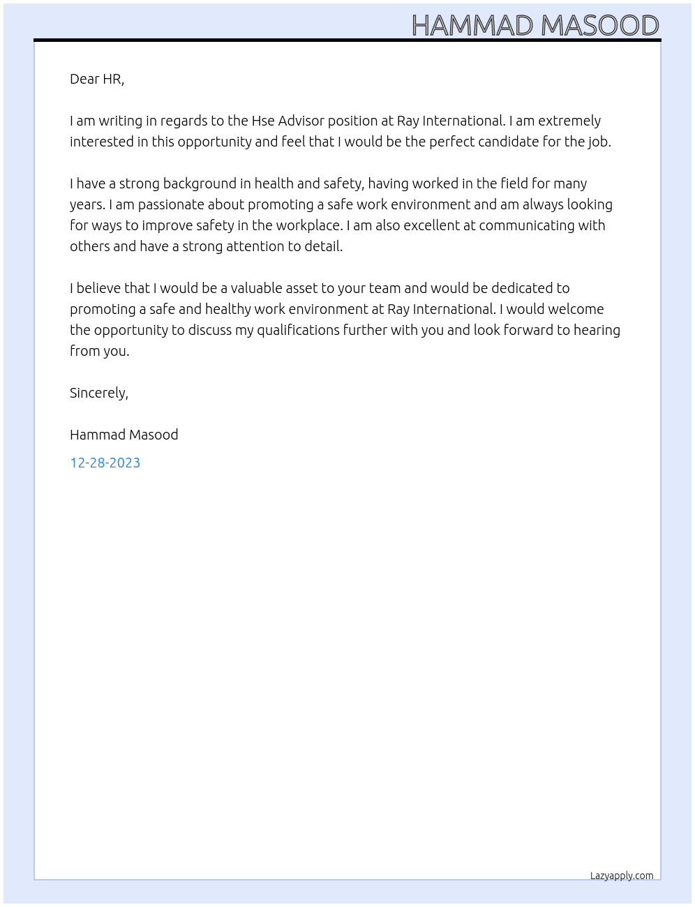Hse Advisor  At Ray International  Cover Letter