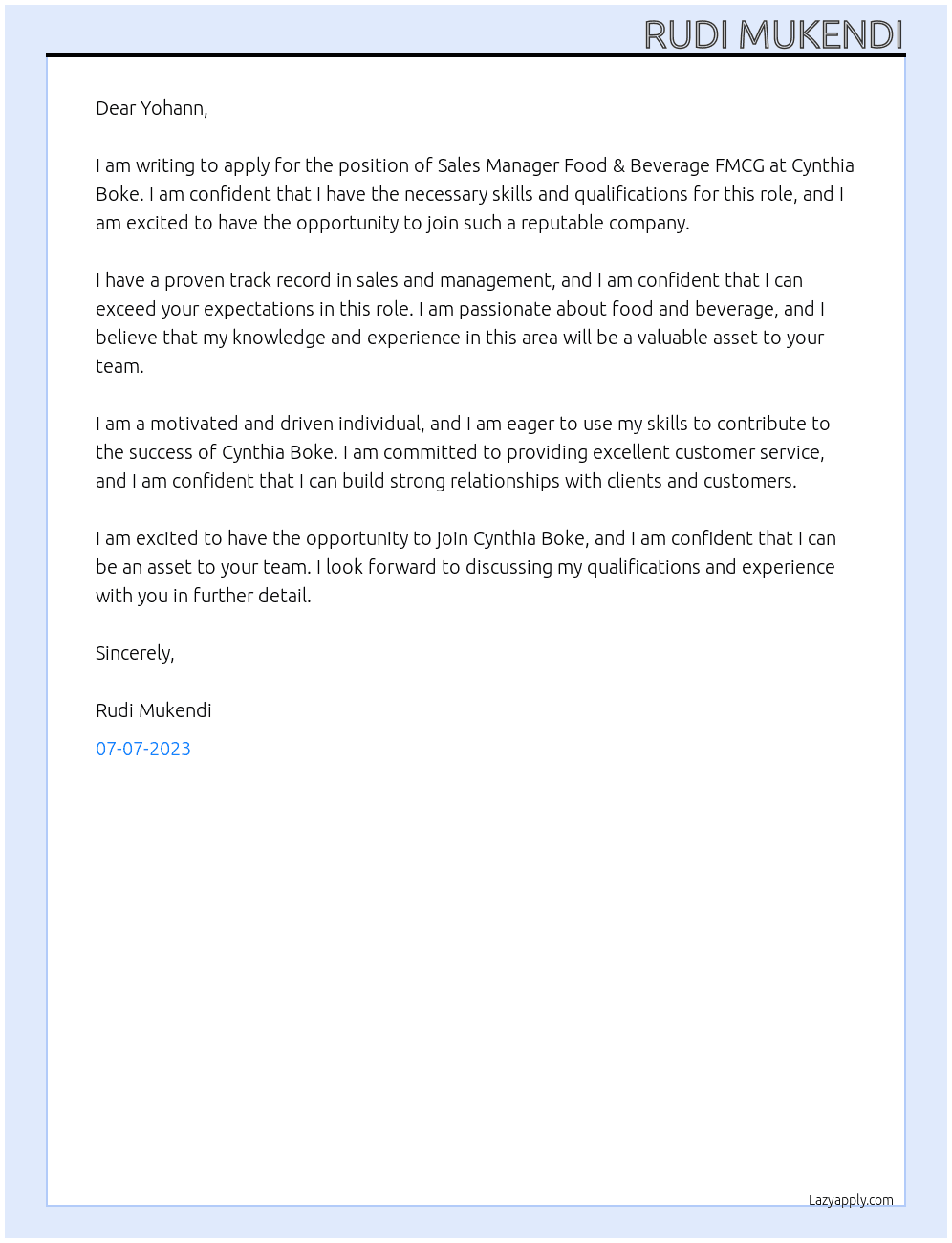 Sales Manager Food & Beverage FMCG At Cynthia Boke Cover Letter