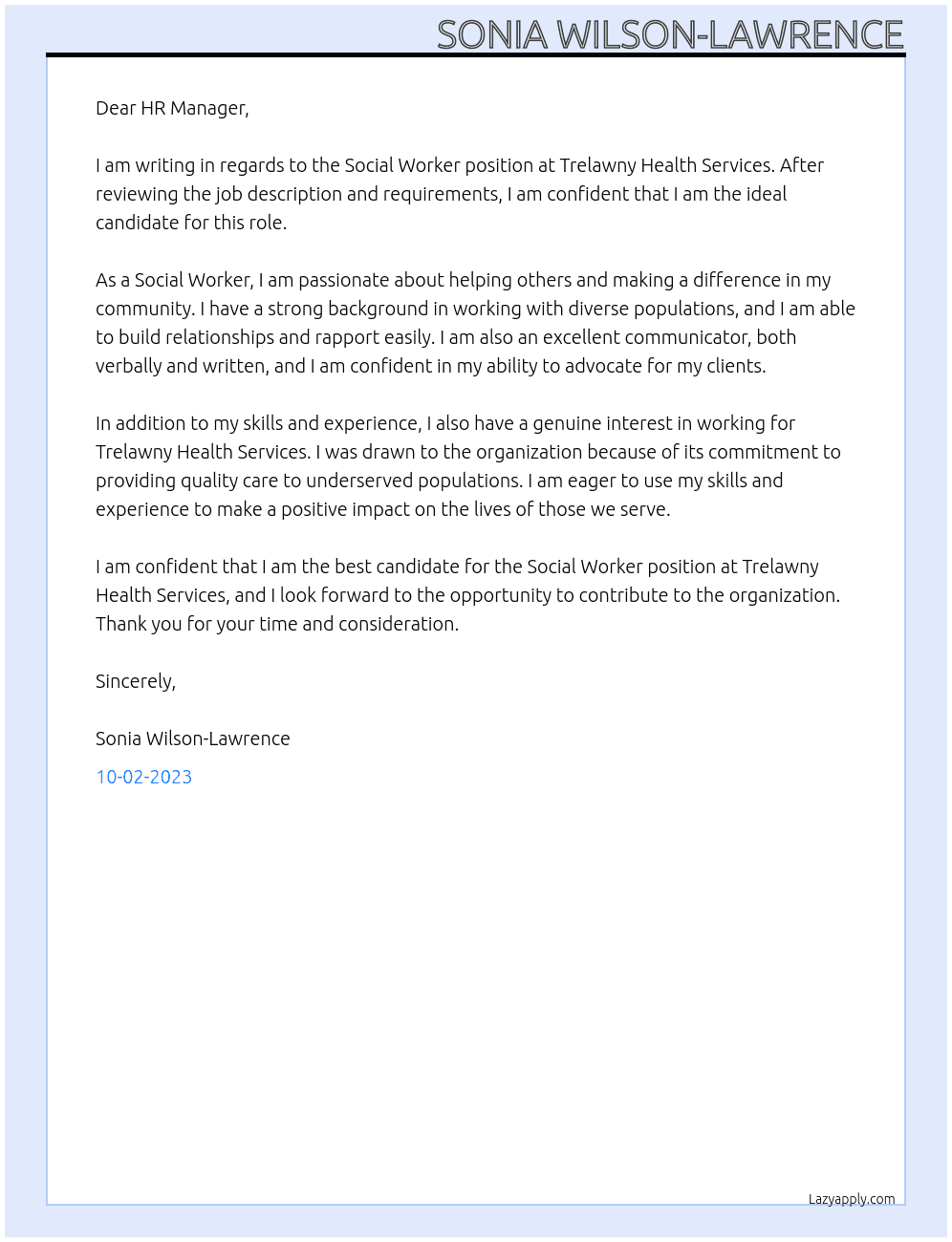 Social Worker  At Trelawny Health Services Cover Letter