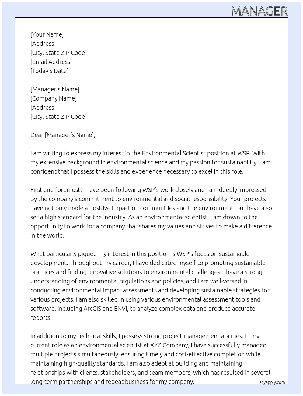 Environmental Scientist At WSP Cover Letter