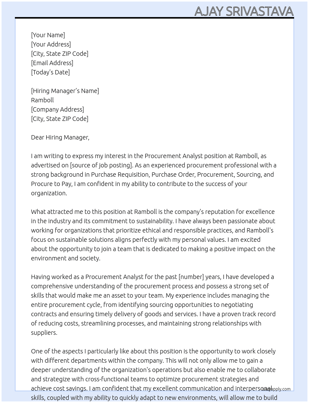Procurement Analyst At Ramboll Cover Letter