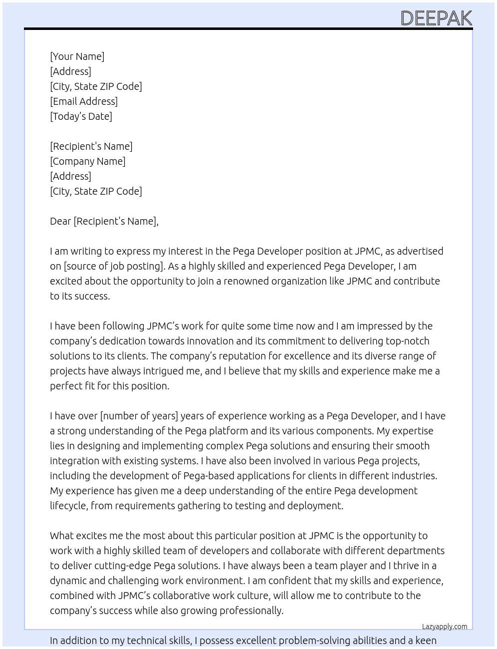 Pega Developer At JPMC Cover Letter