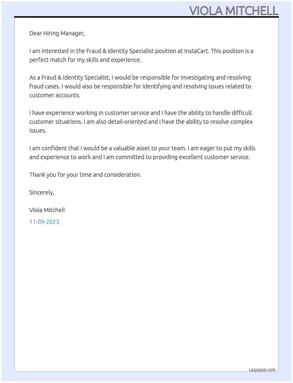 Fraud & Identity Specialist At InstaCart Cover Letter