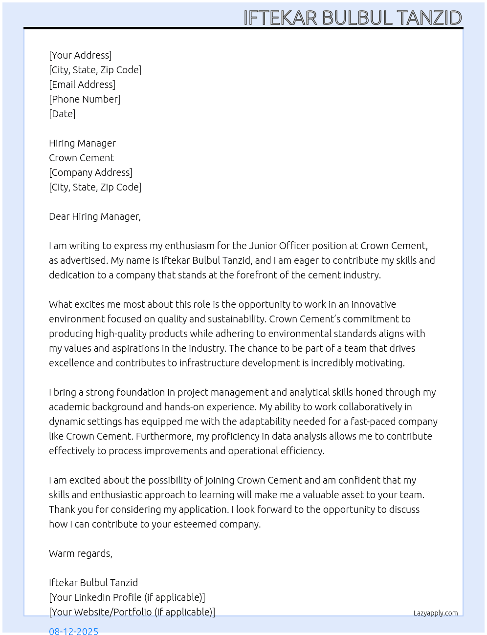 Junior officer At Crown Cement Cover Letter