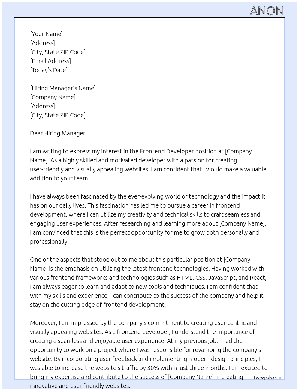 frontend developer At unk Cover Letter