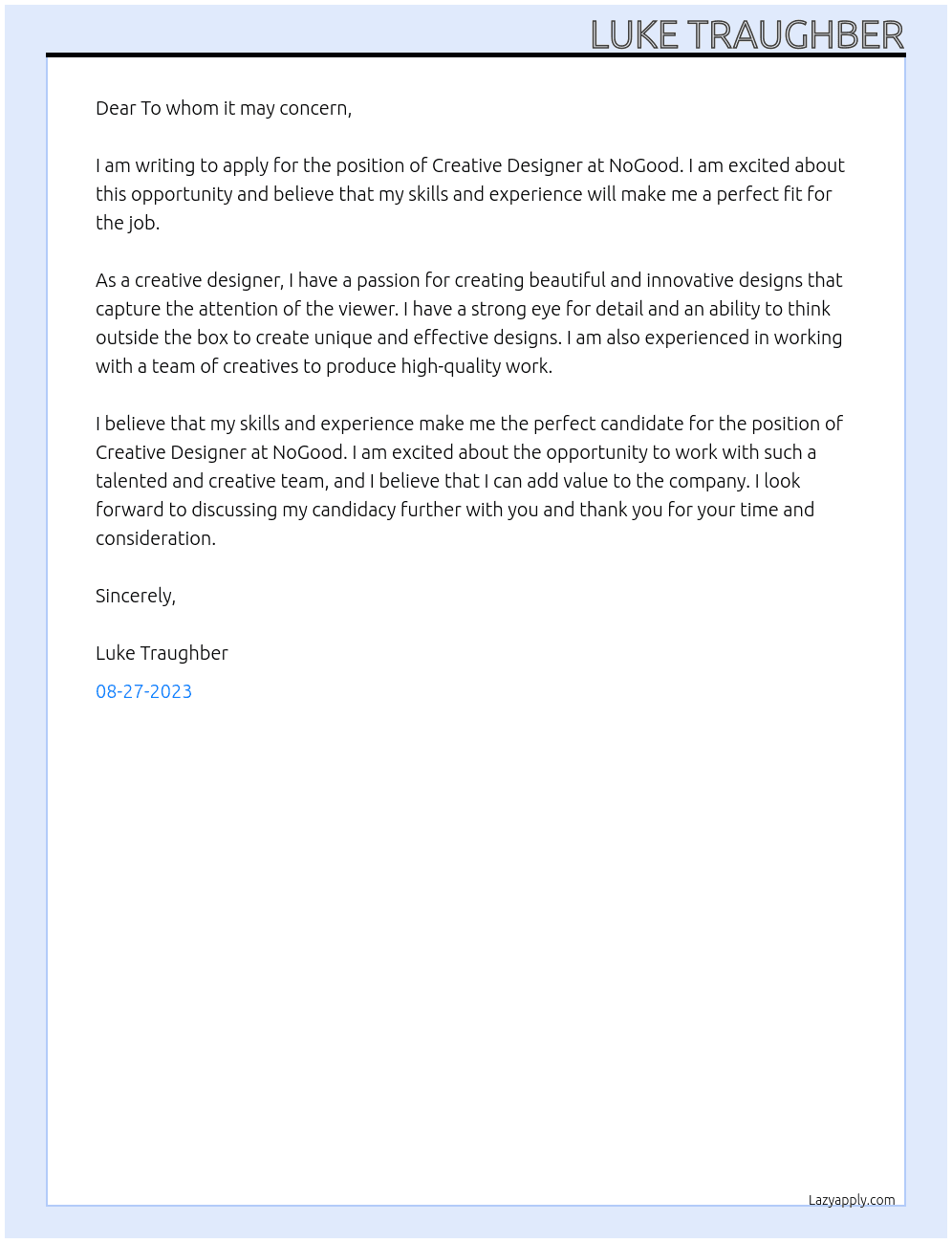 Creative Designer At NoGood Cover Letter