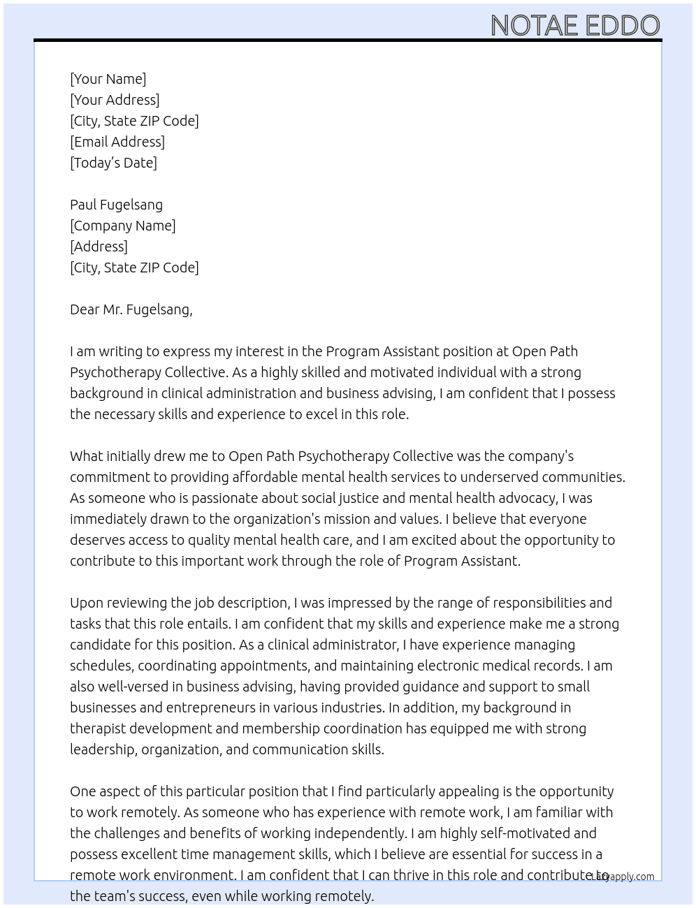 Program Assistant At  Open Path Psychotherapy Collective Cover Letter