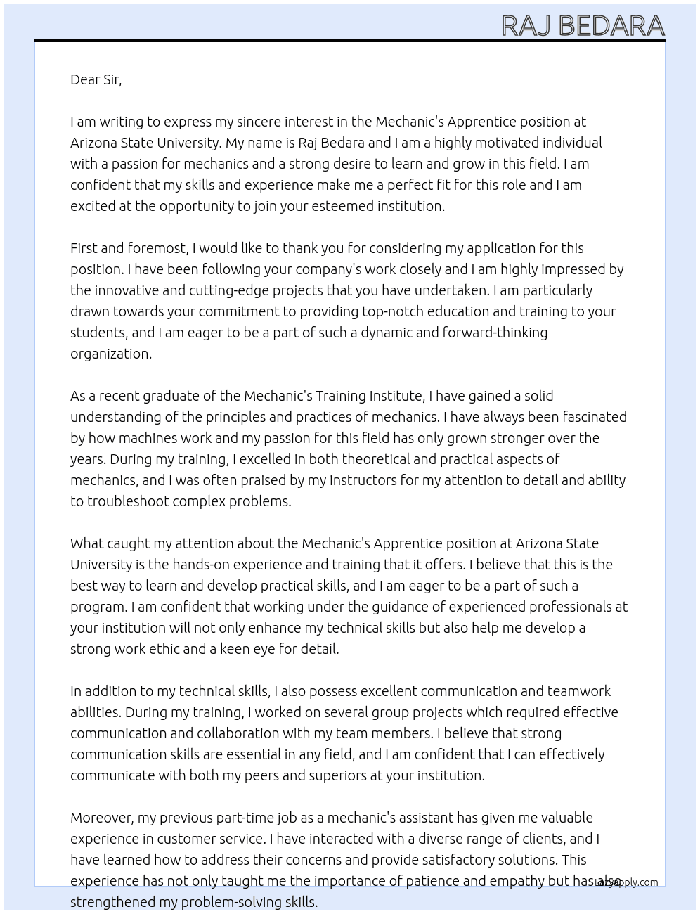 Mechanic's Apprentice At Arizona State University Cover Letter