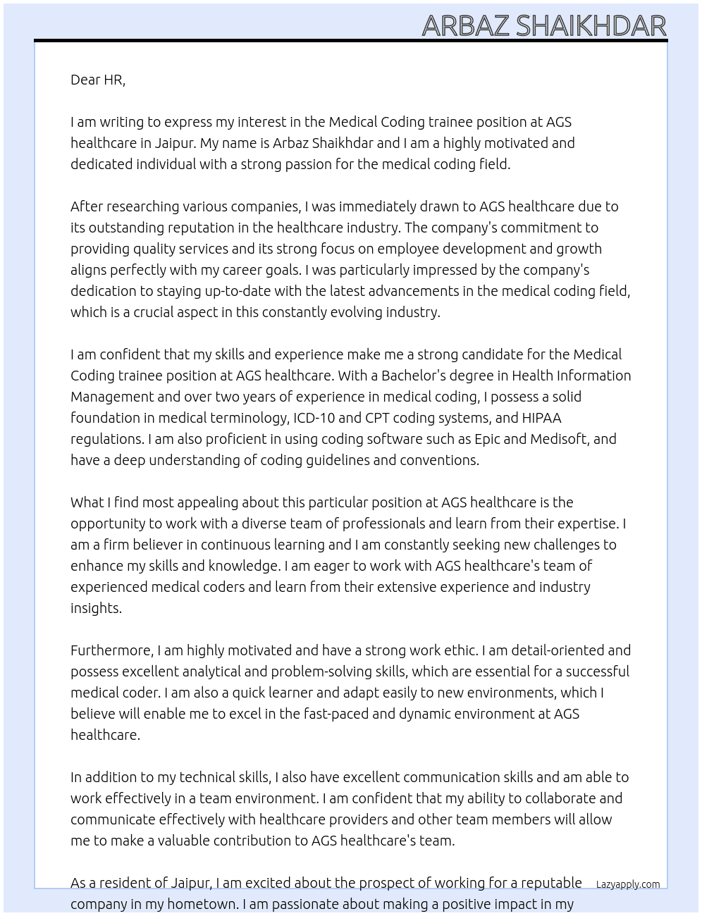 Medical Coding trainee At AGS healthcare  Cover Letter