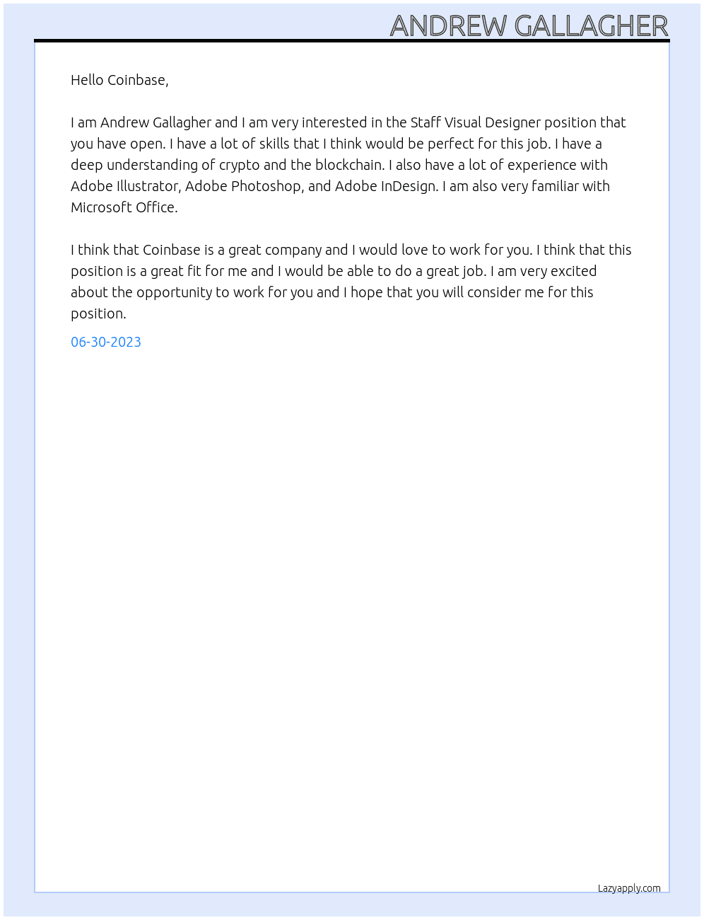 Staff Visual Designer At Coinbase Cover Letter