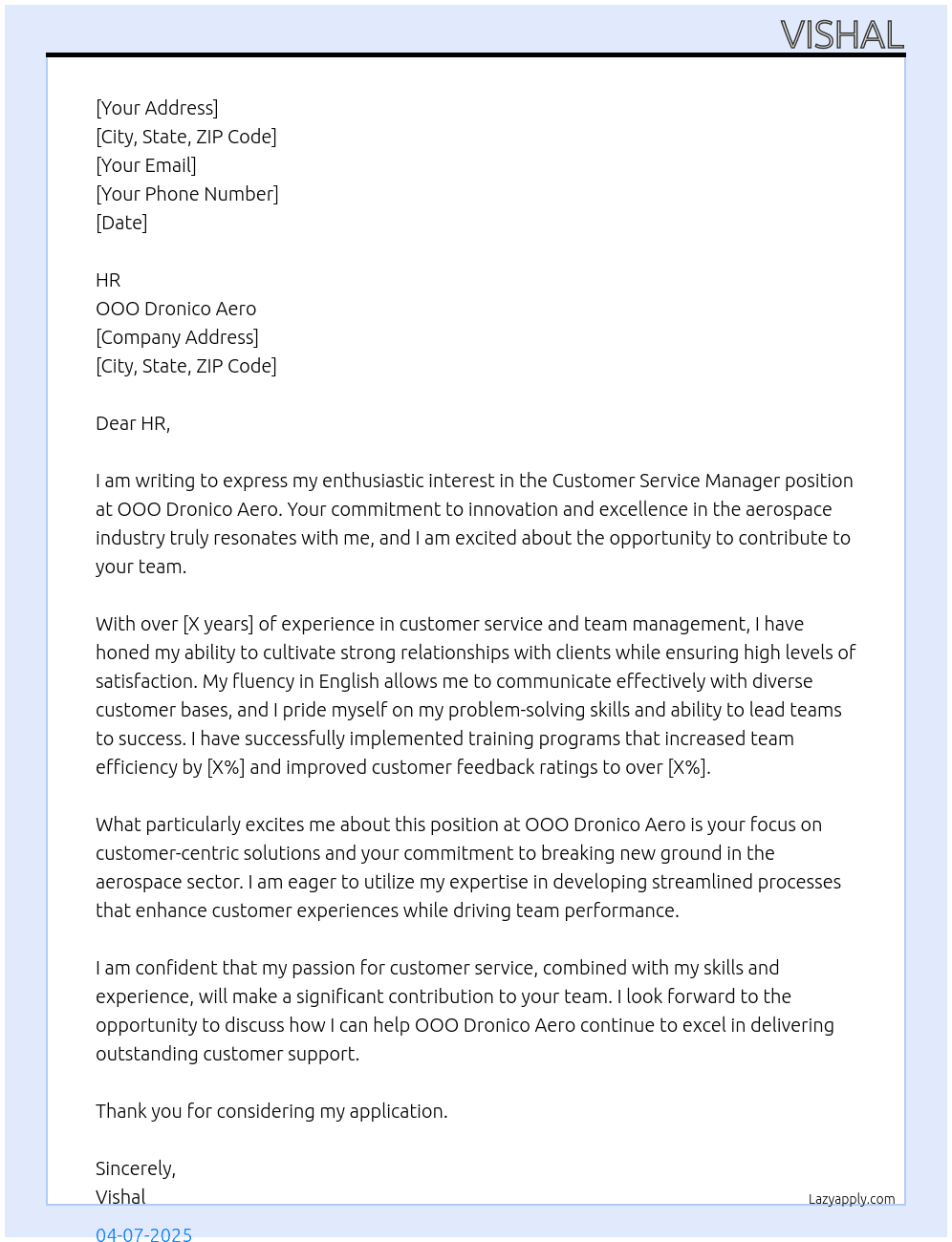 Customer Service Manager with knowledge of English At OOO  Dronico Aero Cover Letter