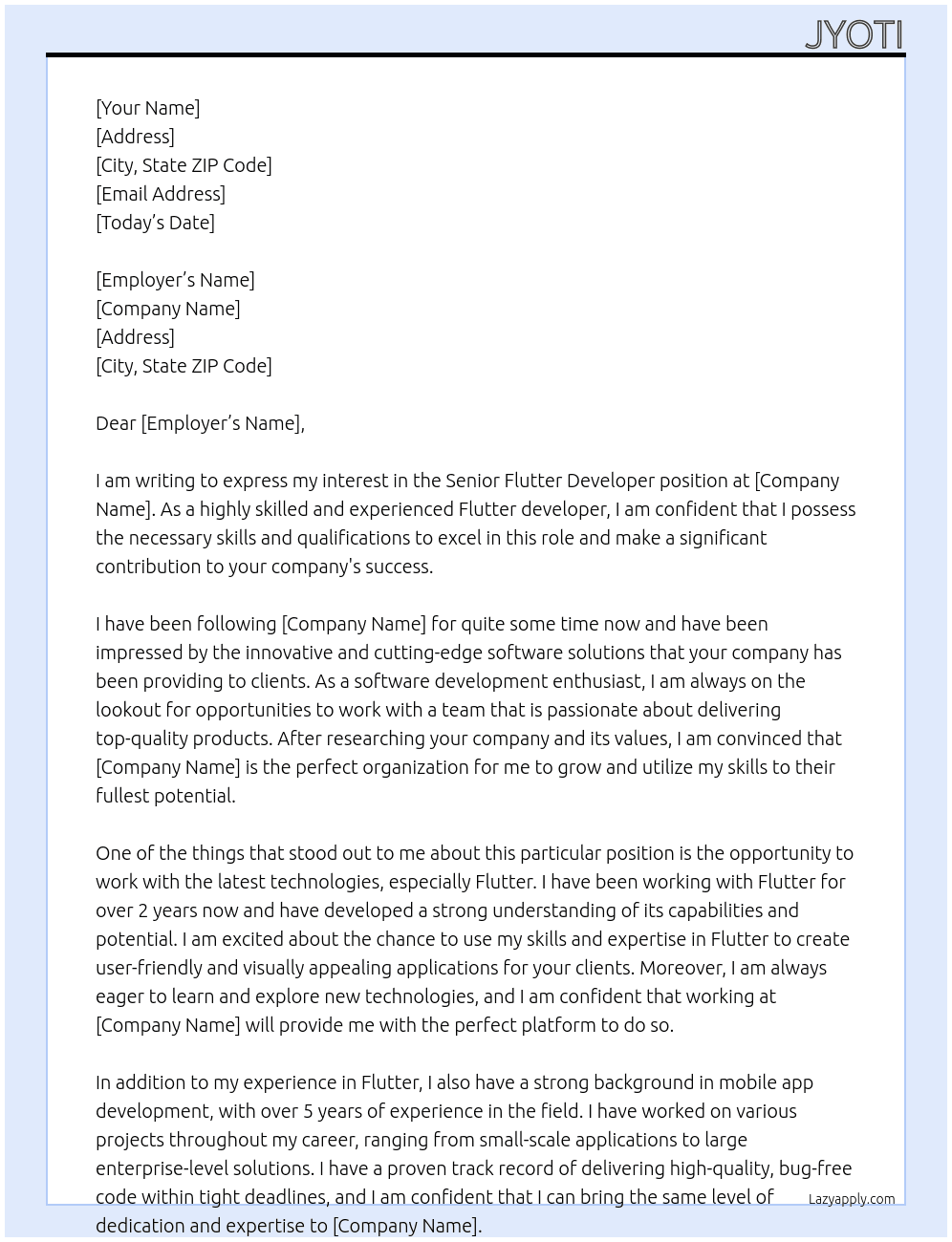 Cover letter for senior flutter developer - LazyApply
