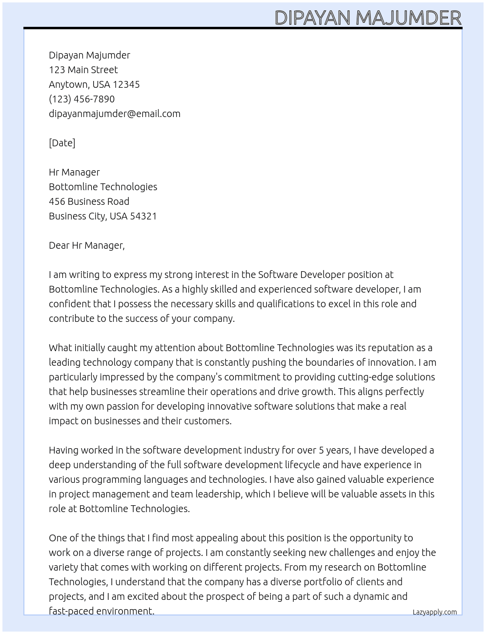 Software Developer At Bottomline Technologies Cover Letter