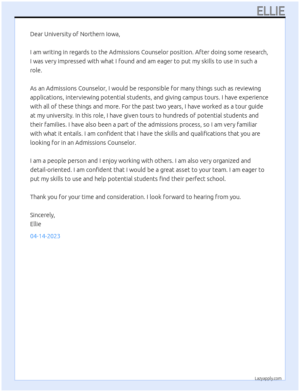 Admissions Counselor  At University of Northern Iowa  Cover Letter