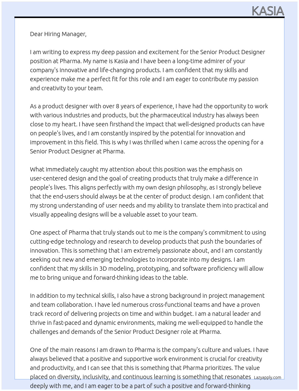 Senior Product designer At Pharma Cover Letter