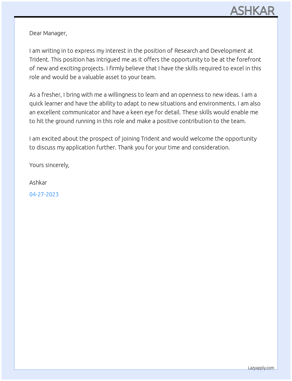 Research and development  At Trident Cover Letter