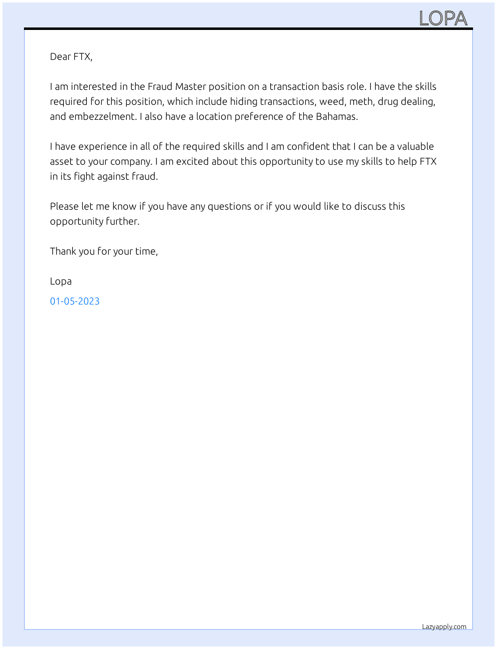 Fraud Master At FTX Cover Letter