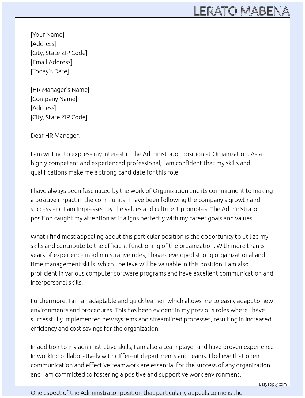 Administrator At Organization Cover Letter