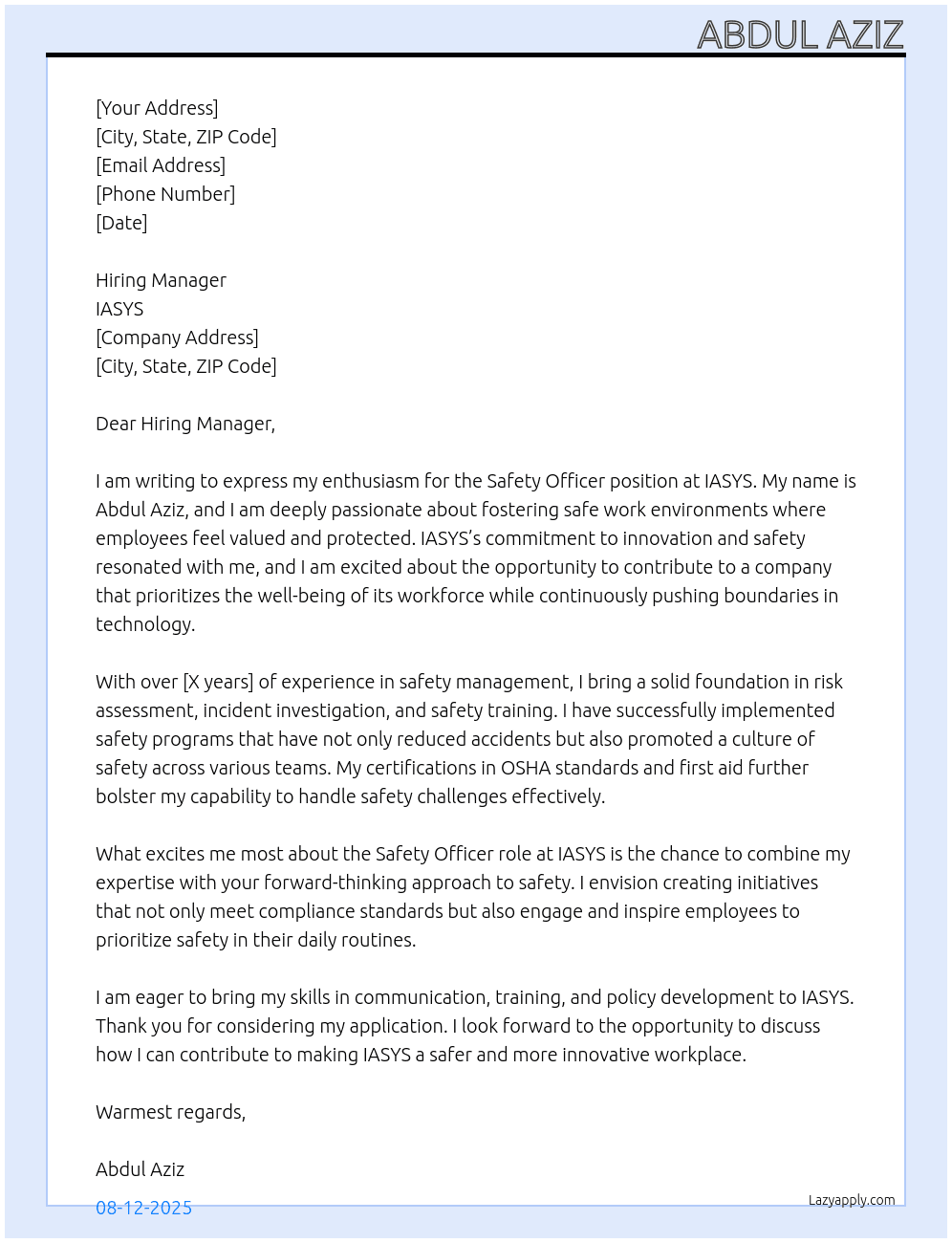 Safety officer  At IASYS Cover Letter