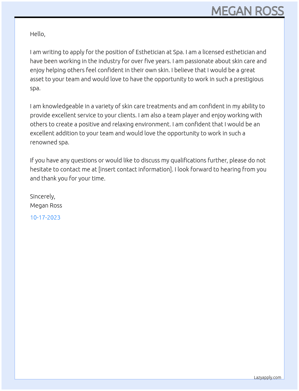 Esthetician  At Spa Cover Letter