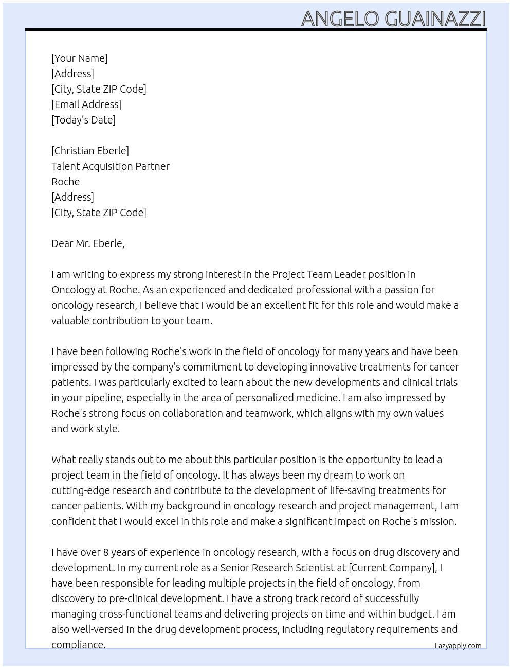 Cover letter for project team leader in oncology - LazyApply