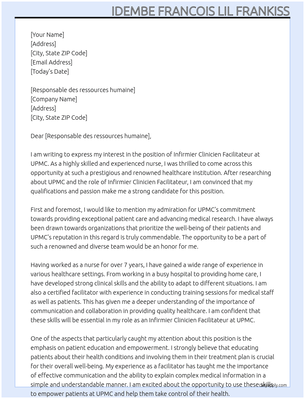 infirmier clinicien facilitateur At UPMC Cover Letter
