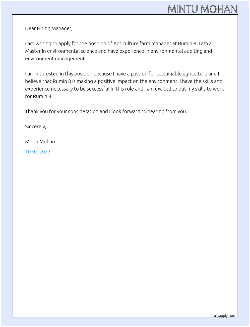 Agriculture farm manager At Rumin 8 Cover Letter