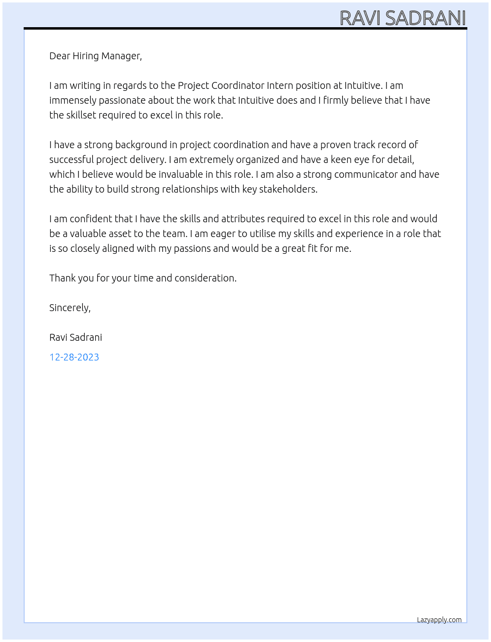 Project Coordinator Intern At Intuitive Cover Letter