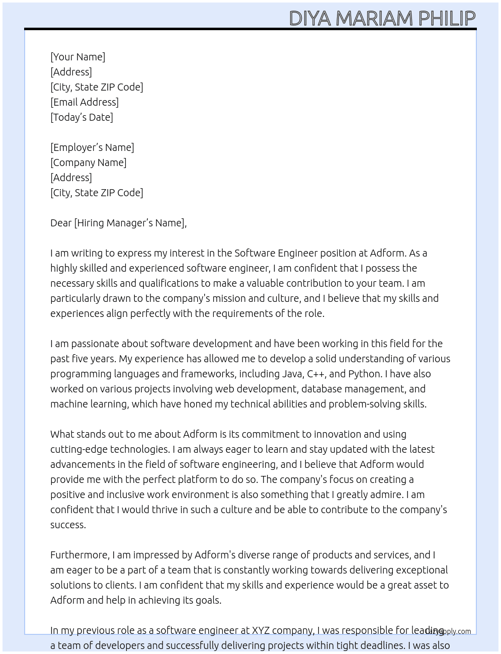 Software engineer At Adform Cover Letter