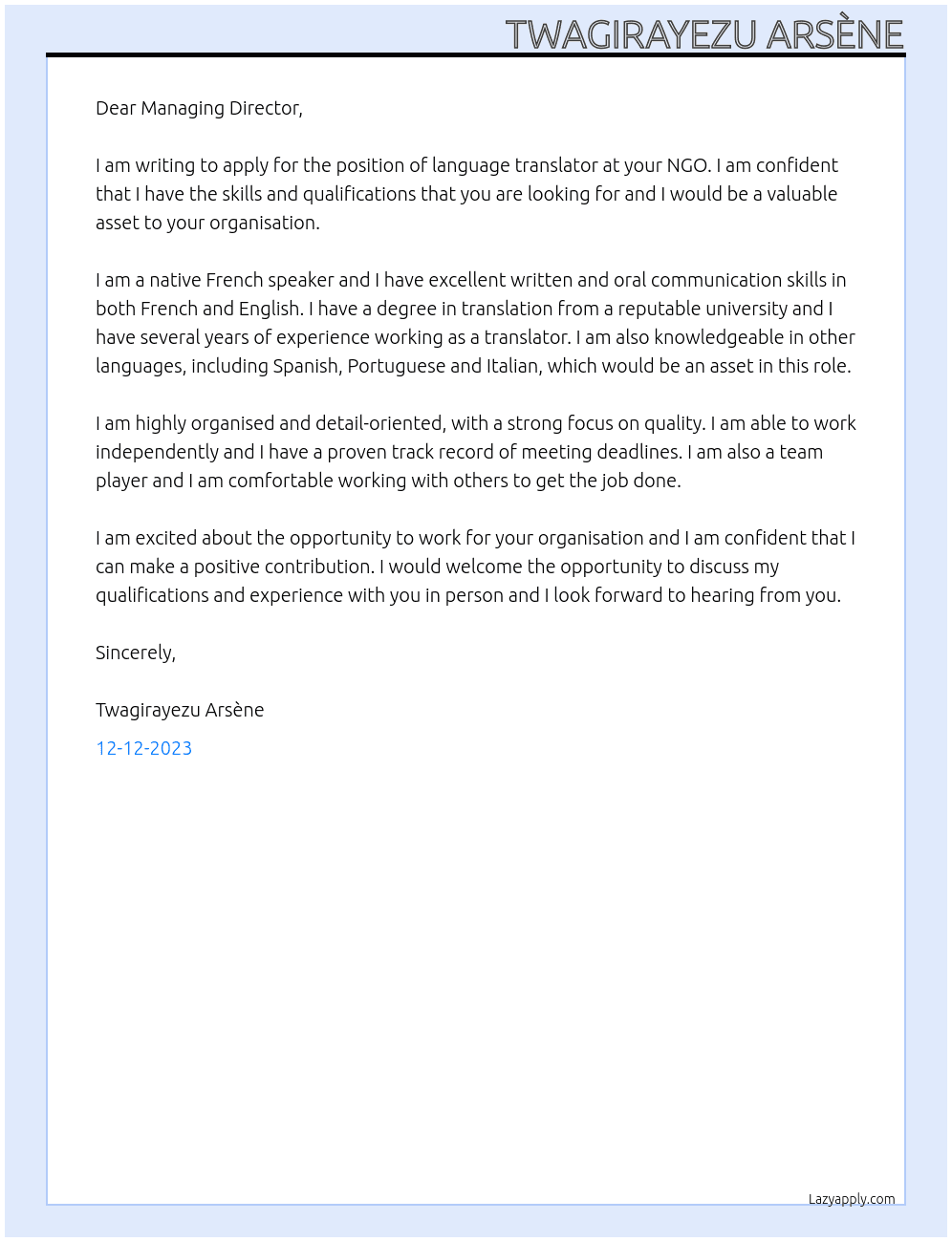 language translator At NGO Cover Letter