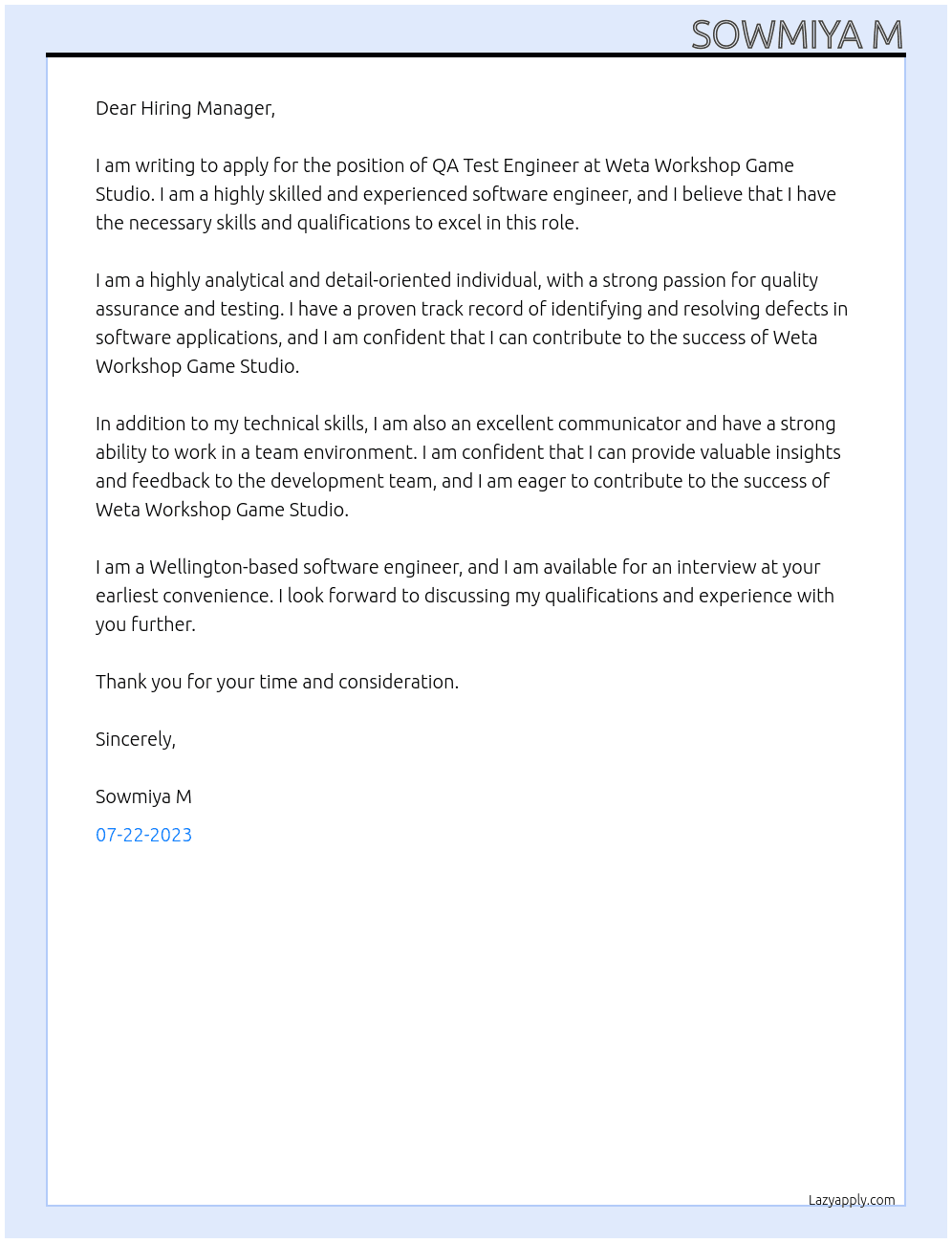 QA Test Engineer At Weta Workshop Game Studio Cover Letter