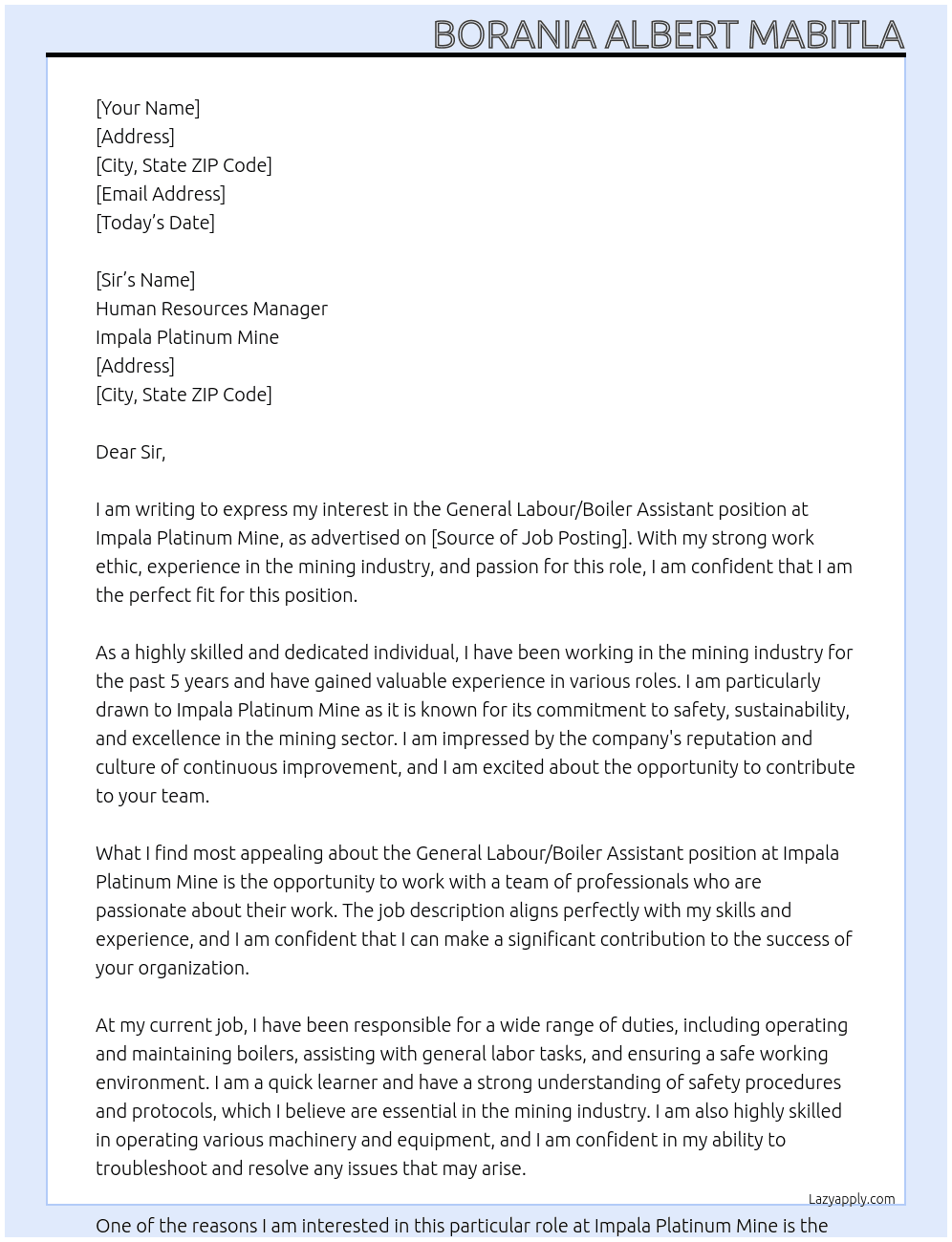 Cover letter for general labour/boiler assistant - LazyApply