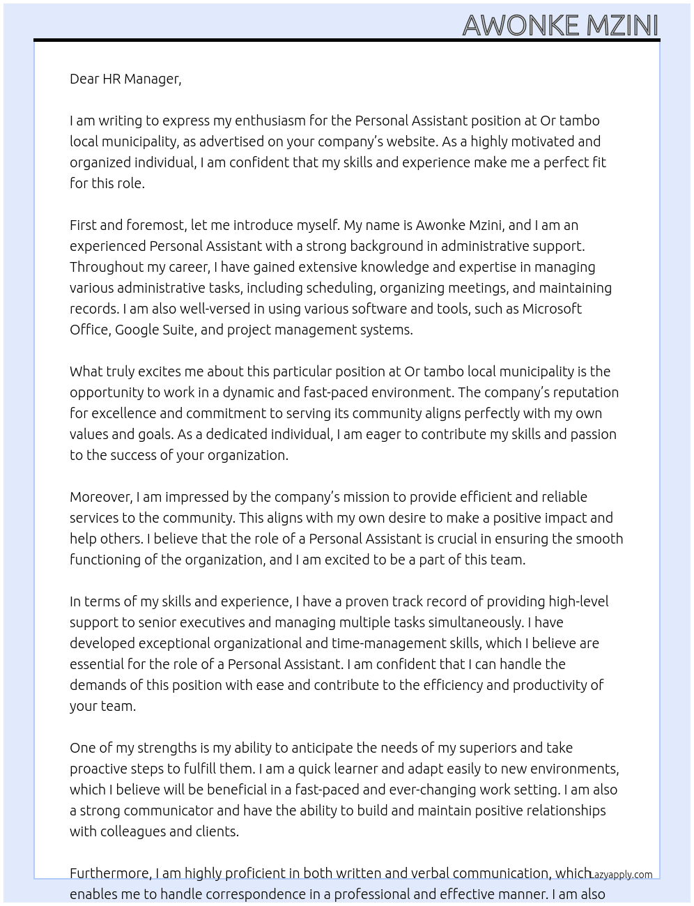 Personal Assistant At Or tambo local municipality Cover Letter