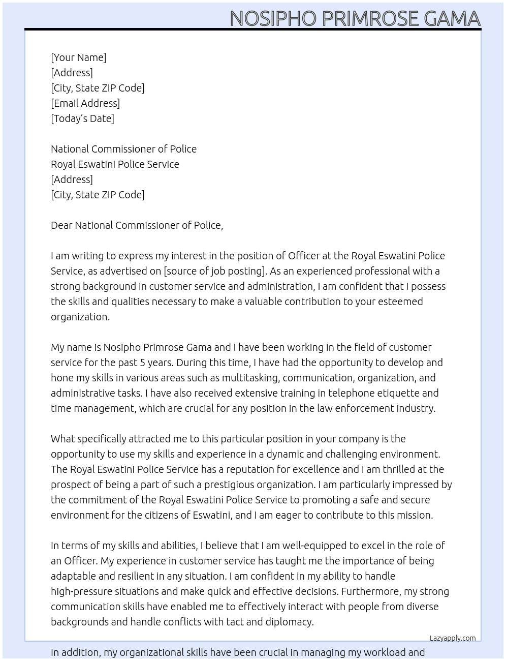 An Officer At Royal Eswatini Police Service Cover Letter