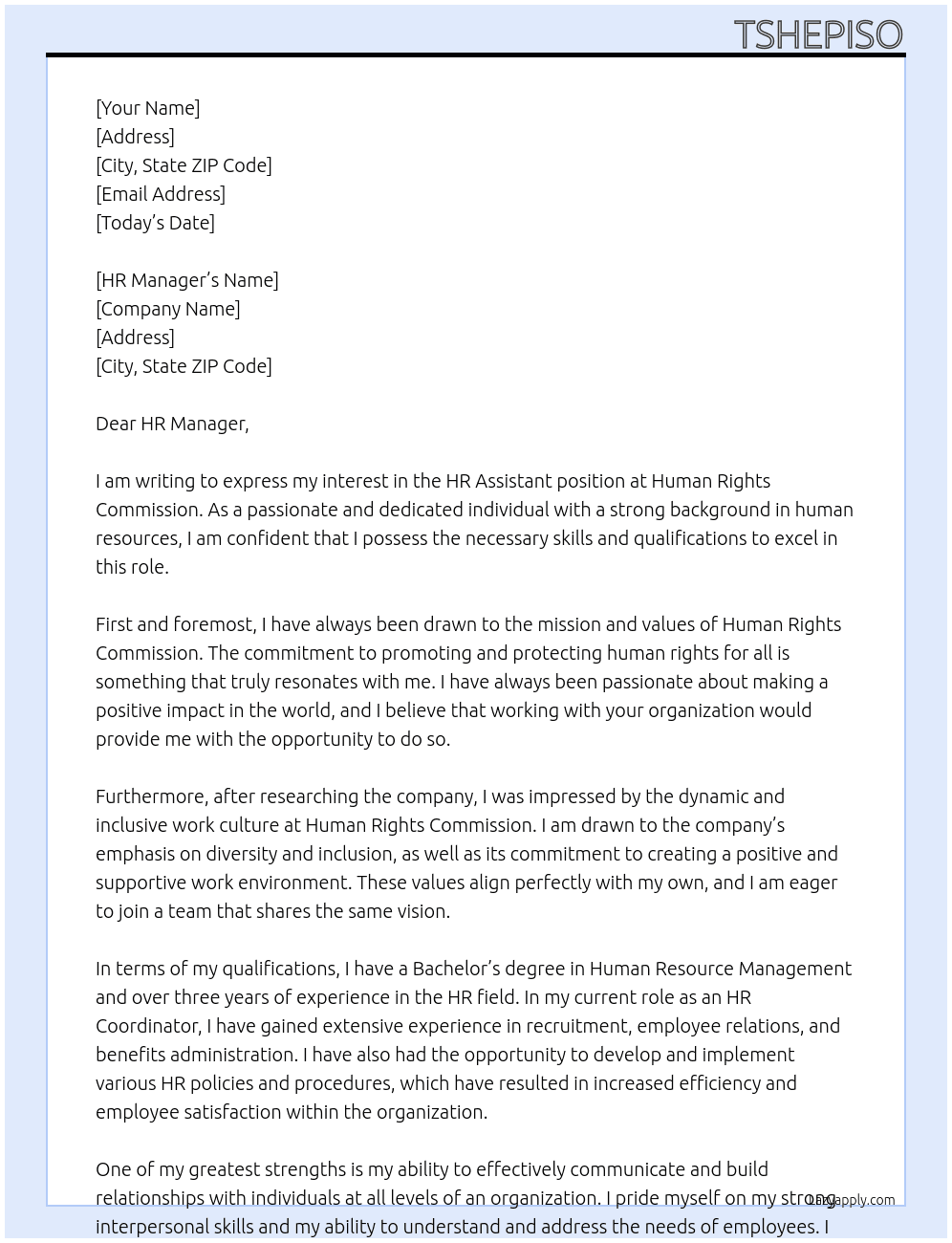 HR assistant At Human Rights Comission Cover Letter