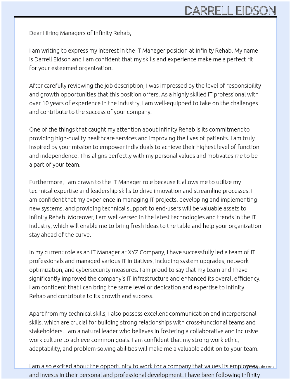 IT Manager At Infinitiy Rehab Cover Letter