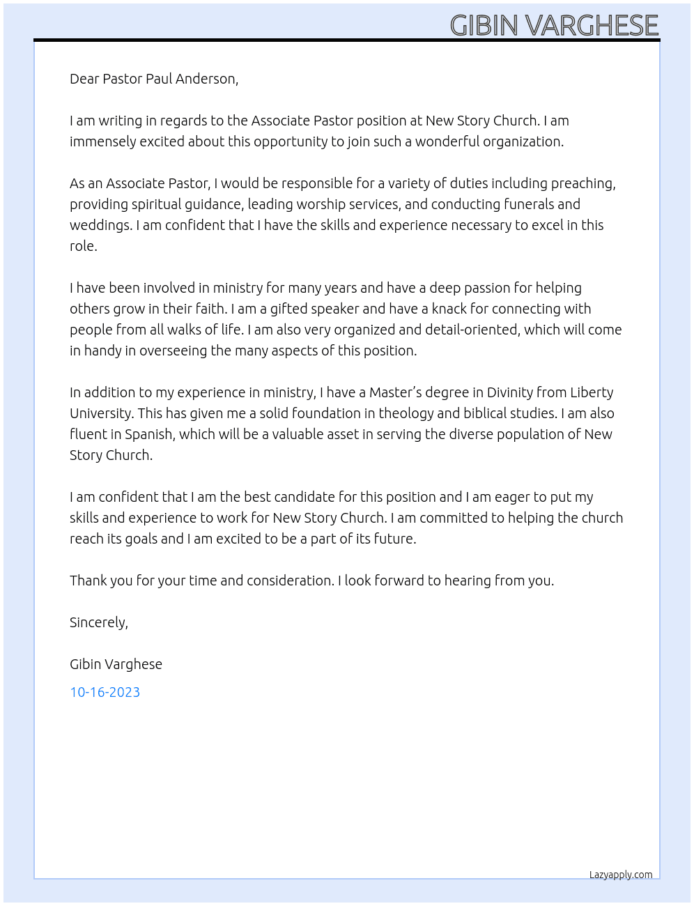 Associate Pastor At New Story Church Cover Letter