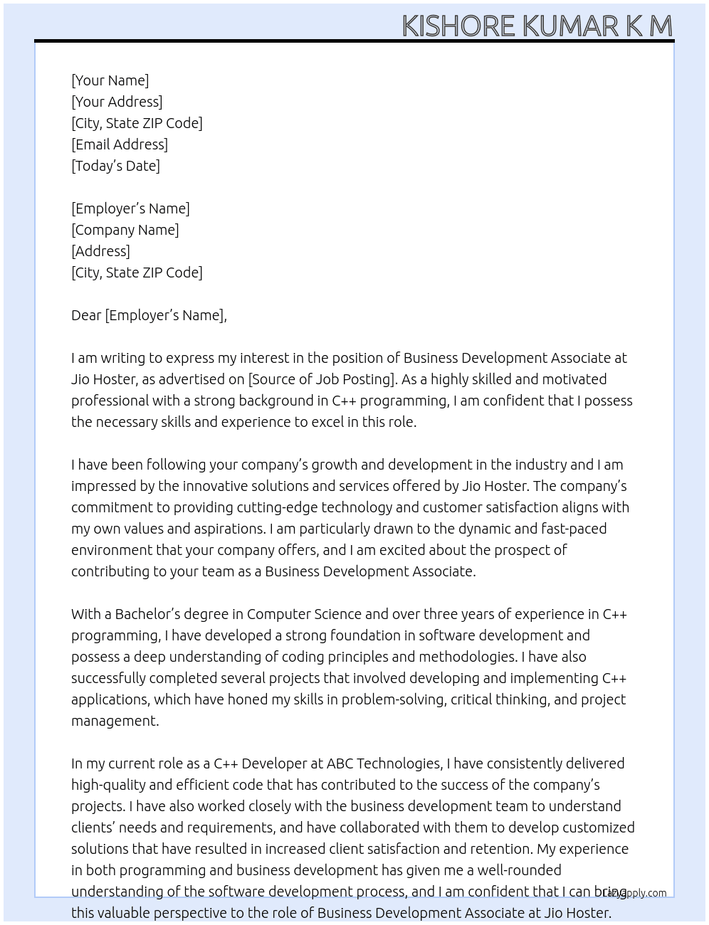 Business Development Associate At Jio Hoster Cover Letter