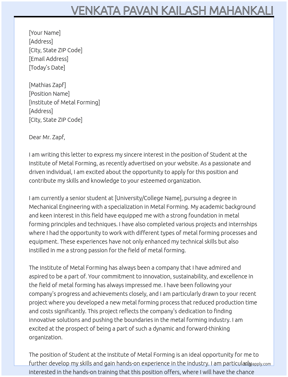 student name  At Institute of Metal Forming Cover Letter