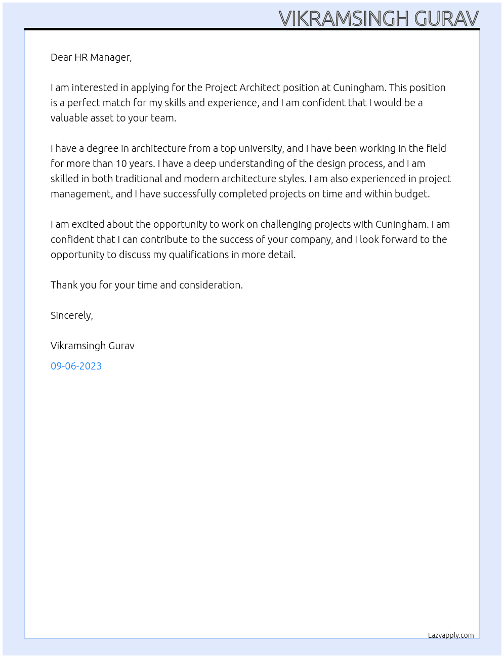Project Architect At Cuningham Cover Letter